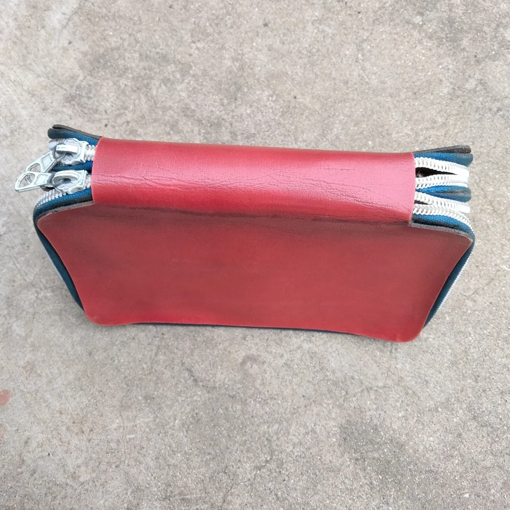 Vintage 80's Red Leather Double Zipper Pencil Case Pen Pouch Stationery Storage